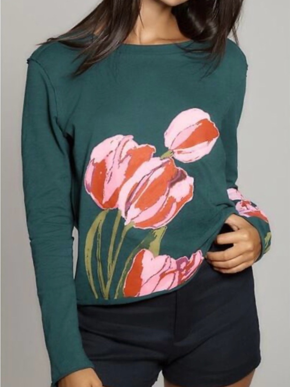 Anthropologie Teal Green Floral Tulip Print Long-Sleeve Top